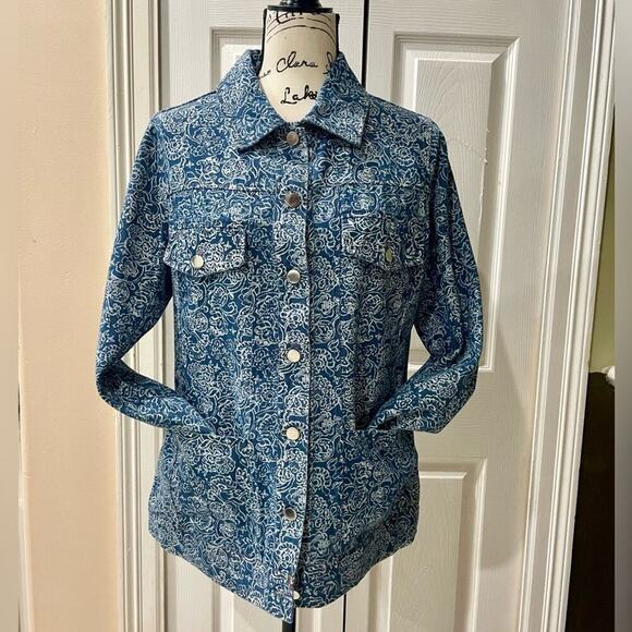 SOLITAIRE DENIM JACKET CRAFTED FLORAL PRINT 4 POCKETS SZ M VERSATILE AESTHETIC - Picture 3 of 14